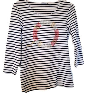 Weekender by Chico's Nautical Blue and White Striped Shirt Size 0 (XS 4)